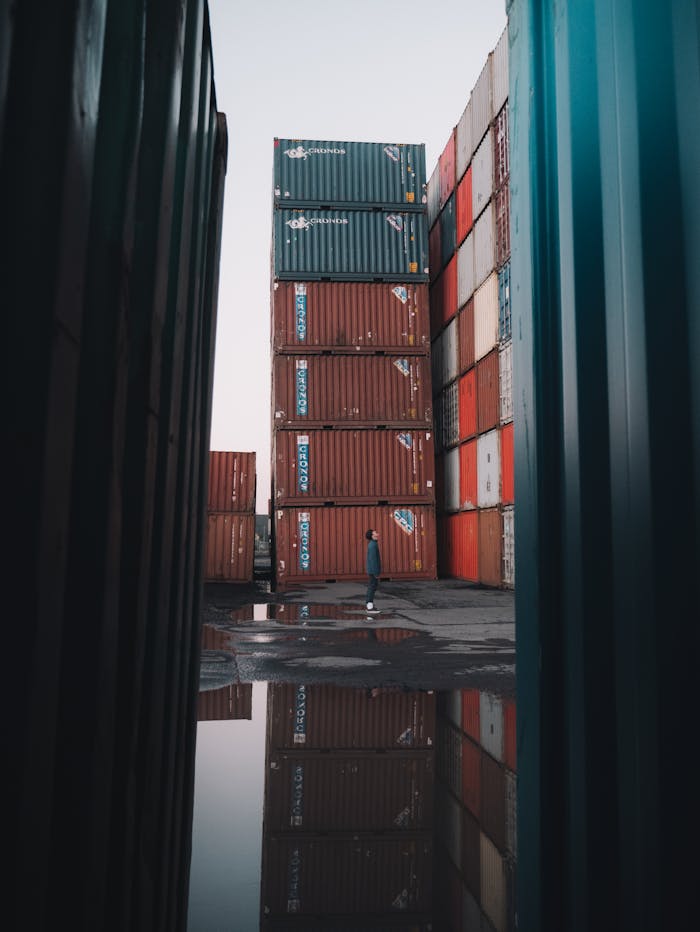 Naslovnica A solitary person walks between stacked shipping containers with reflections in water.